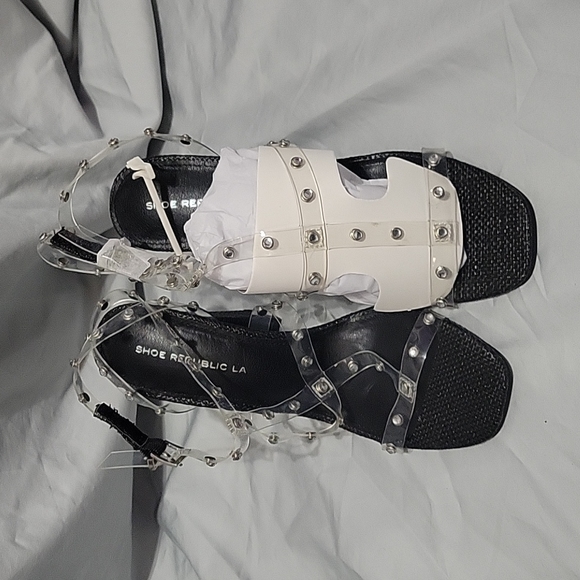 Shoe Republic LA Guinea Lucite Studded & Black Block Heels Sandals - Picture 3 of 7